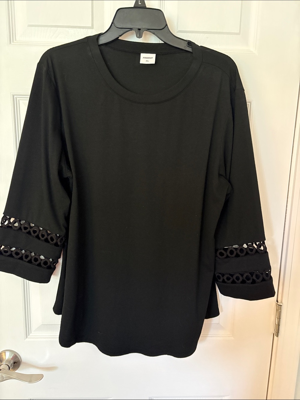 Black Women’s Top with Eyelet Trim - Classic Crewneck
